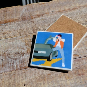 Back to the Future Movie Coaster w/ Minimalist Artwork | Ceramic Tile with High Gloss Finish and Cork Backer | Perfect for Home or Office