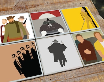 Posavasos de la película Quentin Tarantino con ilustraciones minimalistas / Azulejo de cerámica de alto brillo con base de corcho / Combina y combina de las 10 películas