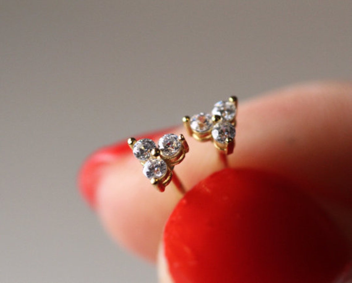 14k Trio Diamond Earrings / Diamond Studs / Diamond Earrings / Etsy