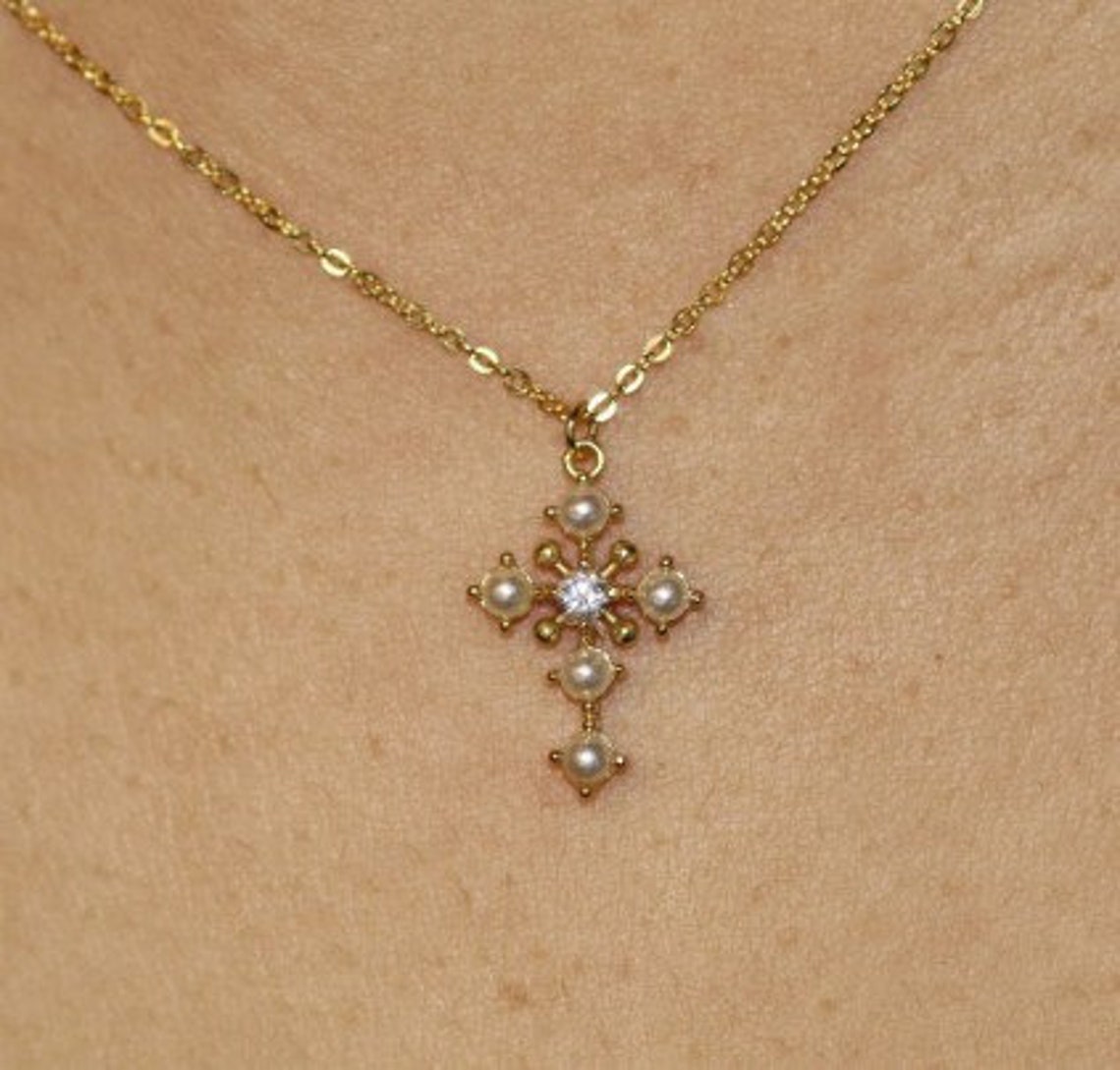 Unique Cross Necklace / Pearl Cross Charm Necklace / Cross Etsy