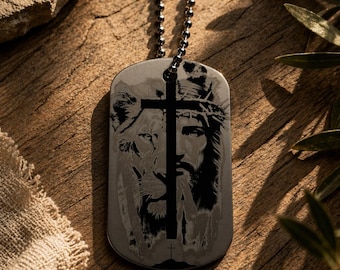 Lion of Judah Jesus Necklace – Christian Dog Tag Pendant – Religious Gift for Him