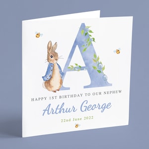 Personalised Son 1st Birthday Card, Blue Bunny Rabbit Birthday Card, Son, Grandson, Nephew, Godson, Boy Initial 1st Birthday Card GG29