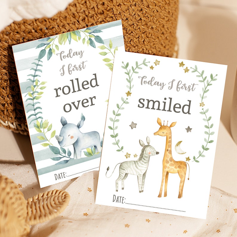 May include: Two baby milestone cards with watercolor illustrations. The first card features a blue rhinoceros and the text "Today I first rolled over". The second card features a zebra and giraffe and the text "Today I first smiled".