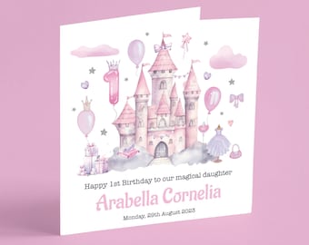 Princess Birthday Card: Personalised Fairy Castle - Pink, For Daughter or Niece GG94