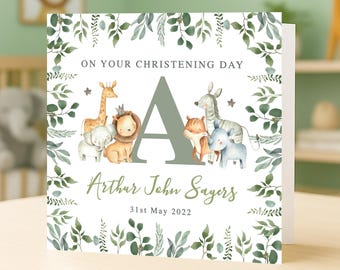 Personalised Jungle Christening Card — Safari Animals Baptism Naming Day Keepsake for Boy Girl | GG37