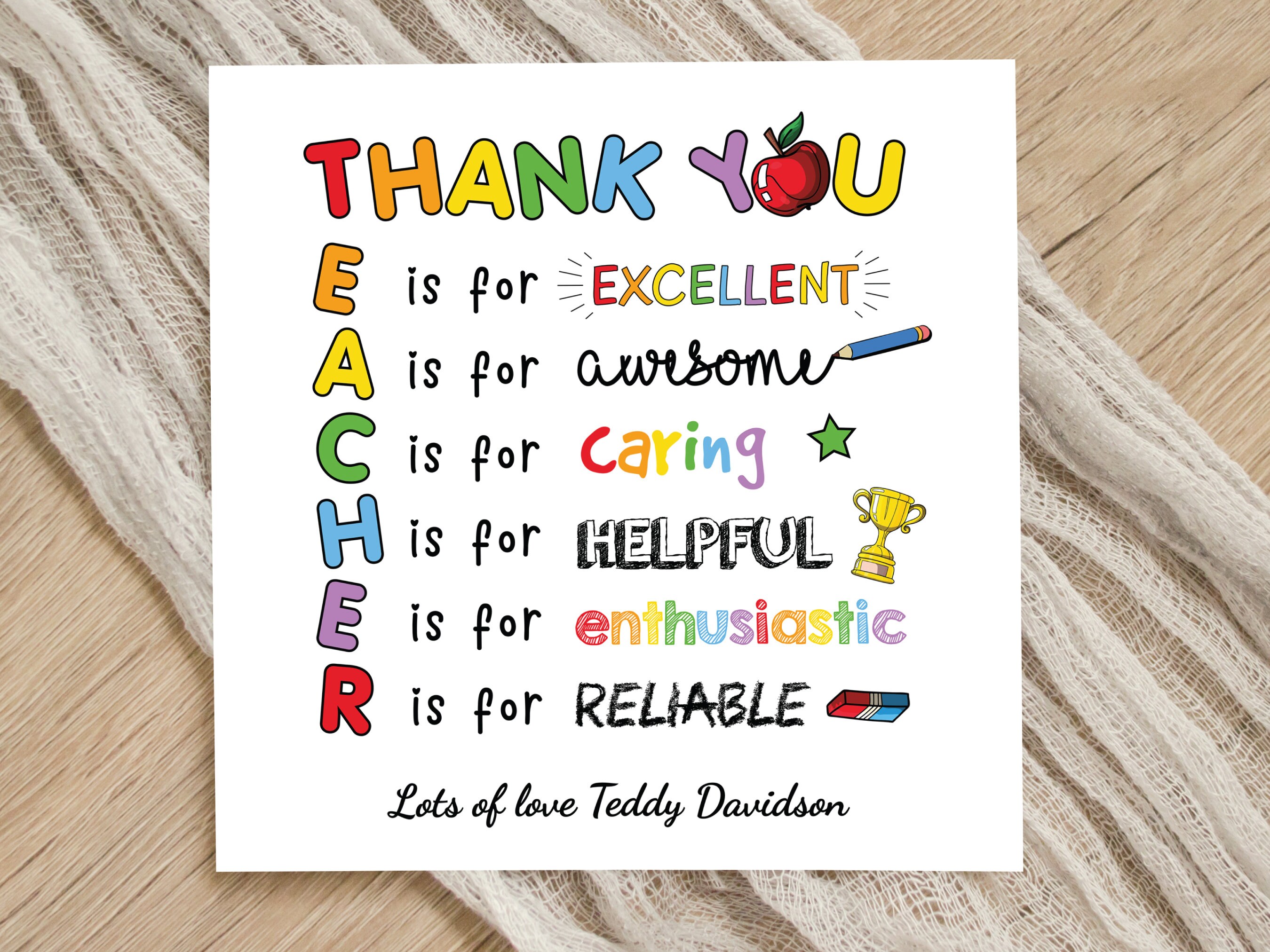 Personalised Rainbow Teacher Thank You Card – End of Term Gift GG44 ...