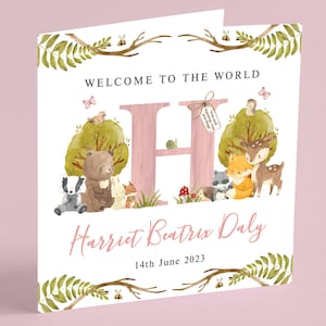 Personalised Woodland Baby Card - Initial Detail, Newborn Girl Welcome, Unique Baby Gift, Welcome To The World Greeting Card GG69