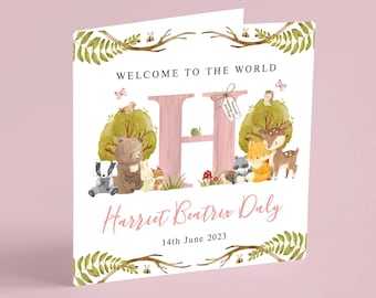 Personalised Woodland Baby Card - Initial Detail, Newborn Girl Welcome, Unique Baby Gift, Welcome To The World Greeting Card GG69