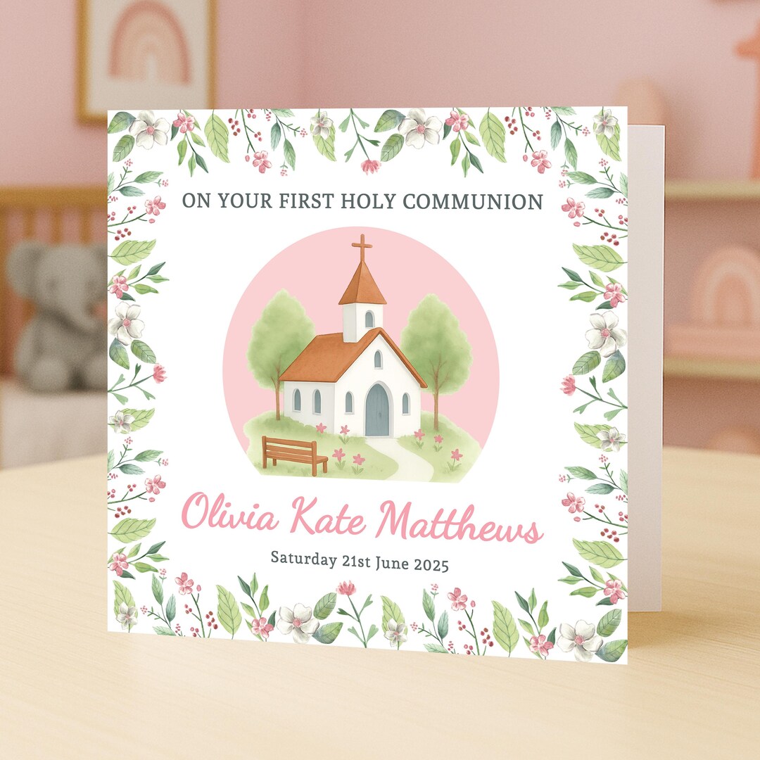 First Holy Communion Card, Personalised 1st Holy Communion Card For Girls Customise With Name And Date For A Special Communion Gift To Celebrate A Religous Milestone. To A Special Girl Pink Chalice