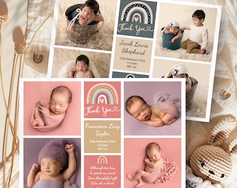 May include: Two thank you cards with rainbow designs and photos of babies. The text on the cards reads "Thank You" and includes the baby's name, birth date, and weight. The cards are pink and beige.