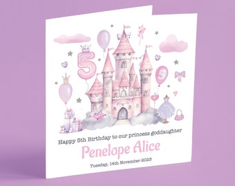 Carte personnalisée de 5e anniversaire de princesse, fille, petite-fille, nièce, carte de 5e anniversaire de conte de fées, carte d'anniversaire château de princesse GG94