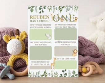 Cartes personnalisées jungle, capsule temporelle 1er anniversaire, cartes 1er anniversaire animaux de safari, souvenir 1er anniversaire, animal