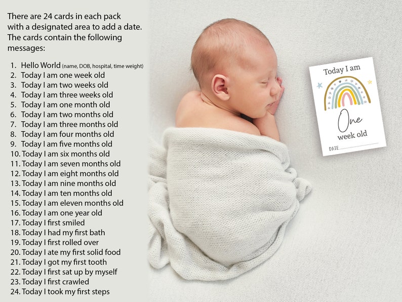 May include: A baby boy sleeping on a white blanket. A rainbow-themed baby milestone card with the text "Today I am One week old" is on the right side of the image. The card has a space for a date.