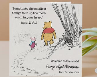 Carte personnalisée pour nouveau-né - Bienvenue dans le monde, petit garçon ou fille - Carte pour nouveau-né Winnie l'ourson - Carte de félicitations pour bébé mignon GG131