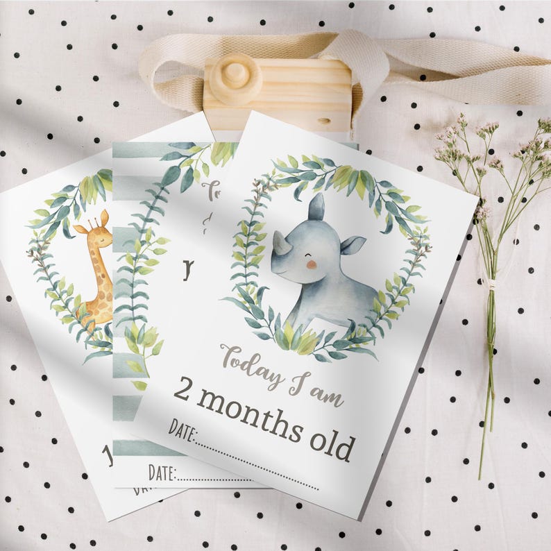 May include: Two baby milestone cards with a jungle theme. The first card features a giraffe and the second card features a rhinoceros. Both cards have a green leafy border and the text "Today I am 2 months old" with a space for the date.