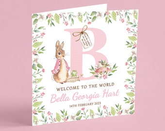 Personalised New Baby Card, Bunny Rabbit Baby Card, Baby Girl Card, Welcome To The World, Floral, Baby Keepsake Card, Baby Gift GG58