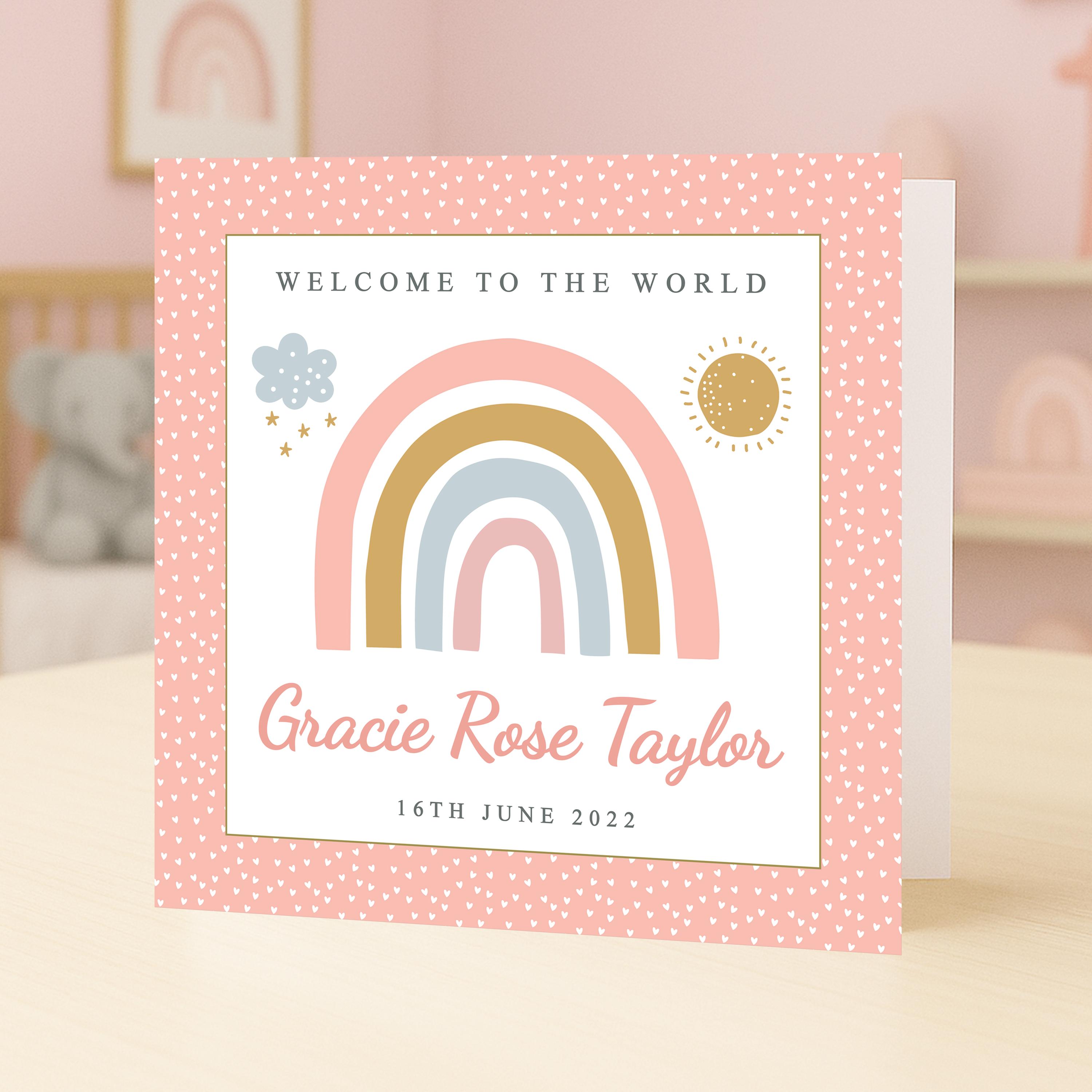 Personalised Rainbow New Baby Girl Card — Pink Congratulations Welcome to the World | GG38