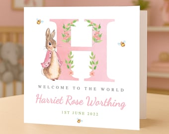 Personalised Peter Rabbit Baby Girl Card – Pink Flopsy Bunny Floral Initial Keepsake