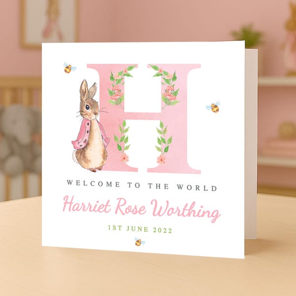Personalised Peter Rabbit Baby Girl Card – Pink Flopsy Bunny Floral Initial Keepsake