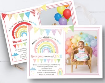 Personalised Rainbow 1st Birthday Invitations Rainbow Photo Birthday Party Invites Pastel Rainbow Invitations Rainbow Invites With Photo