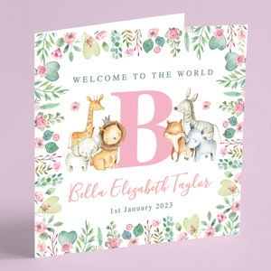 Personalised Newborn Baby Card - Safari Animals, Custom Initial, Pink Jungle Welcome, Unique New Baby Gift - GG24