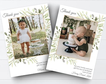 Cartes de remerciement personnalisées avec photo en forme de feuille Notes de remerciement botaniques pour baptême Cartes de remerciement en forme de feuille d'anniversaire Cartes de naissance jungle