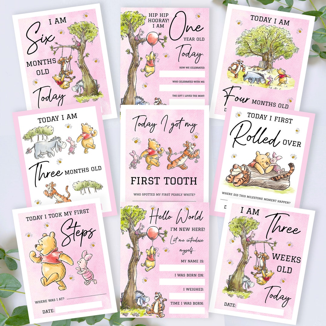 Classic Pooh Baby Girl Milestone Cards – Pink Bear Newborn Keepsake Set ...