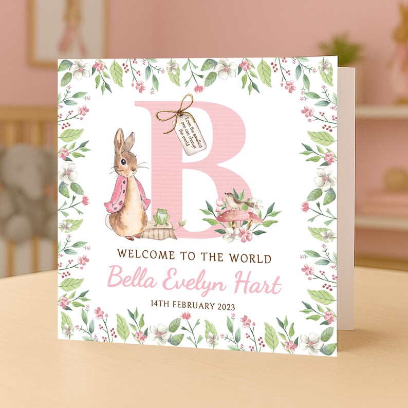 Personalised Rabbit New Baby Girl Card — Pink Bunny Floral Initial ...