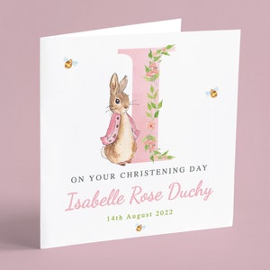 Personalised Girl Christening Card, Bunny Rabbit Baptism Card, Baby Girl Naming Day Card, Pink Christening Card, Goddaughter Card GG32
