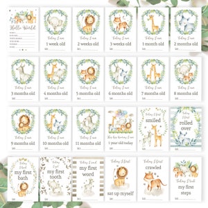 May include: A set of 16 printable baby milestone cards featuring jungle animals. Each card has a different milestone, such as "Today I am 1 week old" or "Today I first smiled". The cards are decorated with watercolor illustrations of animals like lions, elephants, giraffes, and zebras.