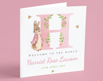 Carte personnalisée nouveau-né, carte initiale bébé fille, cadeau de bienvenue dans le monde, carte nouveau-né lapin, carte bébé personnalisée florale GG28