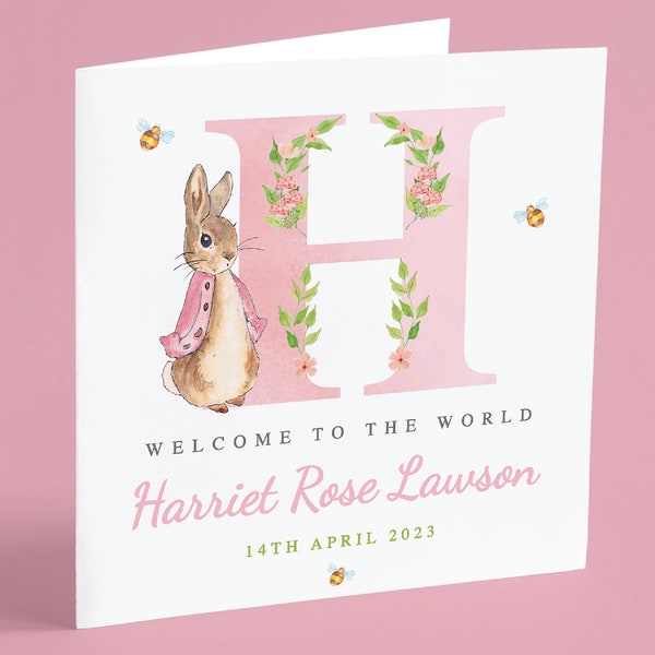 Personalised New Baby Card, Baby Girl Initial Card, Welcome To The World Gift, Bunny Rabbit Newborn Card, Floral Personalised Baby Card GG28