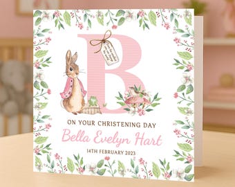 Personalised Pink Rabbit & Floral Bunny Christening Card for Girls | GG59
