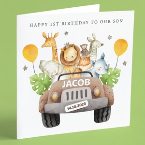 Personalised 1st 2nd 3rd Birthday Card, Son 1st Birthday Card, Boys Safari Jeep Birthday Card, Personalised Safari Jungle Birthday Card GG85