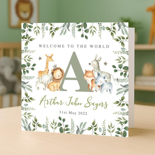 Personalised Jungle New Baby Card — Safari Animals Initial Baby Boy Congratulations Keepsake Gift | GG24