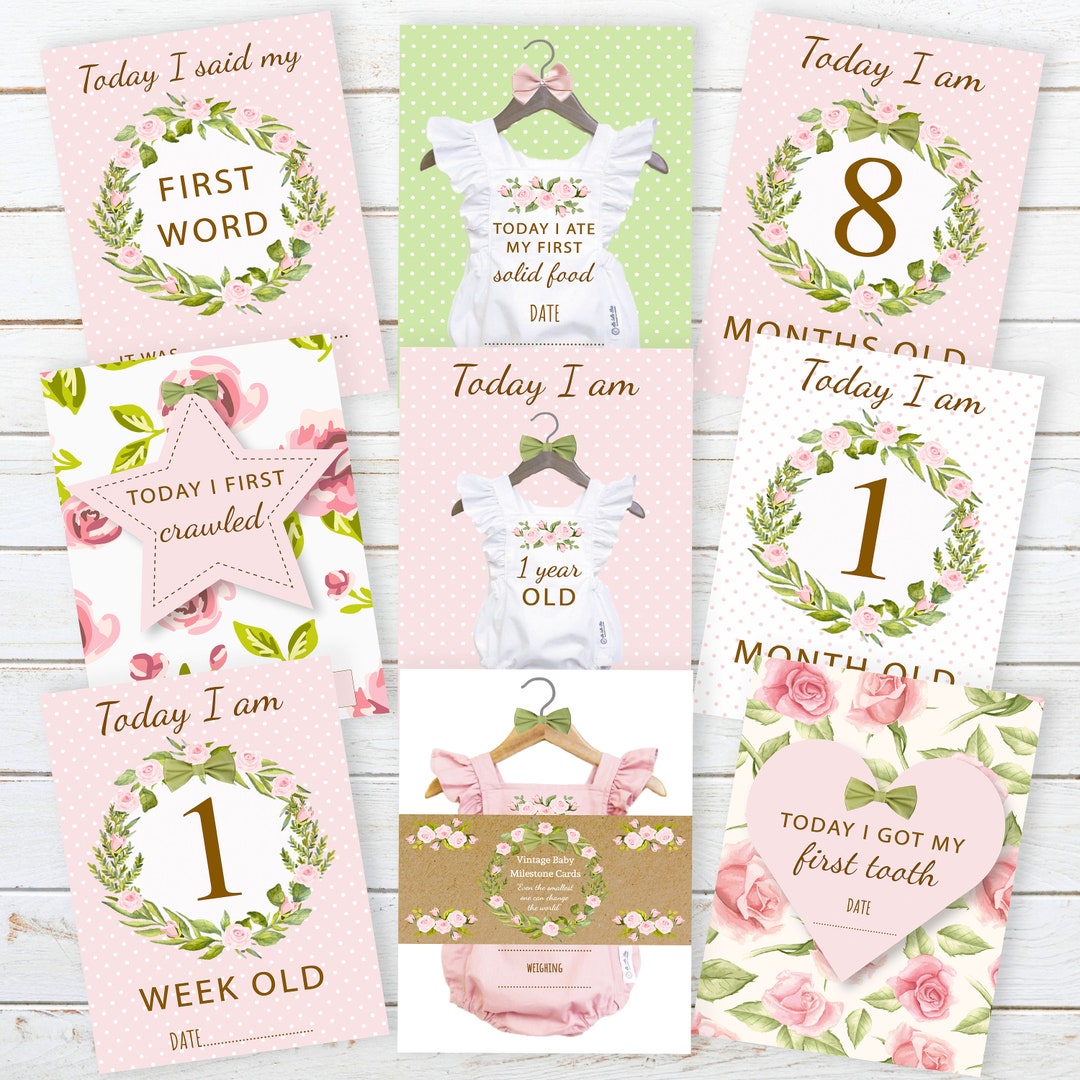 Floral Baby Girl Milestone Cards – Vintage Monthly Keepsake & Photo ...
