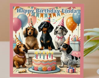 Carte d'anniversaire personnalisée teckel, voeux de chien saucisse, illustration mignonne de fête de chien, carte d'anniversaire pour les amoureux des chiens, pour elle, enfants GG119