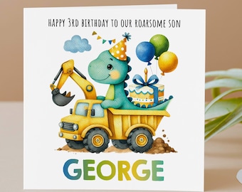 Carte d'anniversaire personnalisée - Dinosaur Digger Truck - 1er, 2e, 3e, 4e anniversaire de fils, petit-fils, neveu, filleul - carte de construction garçon GG117
