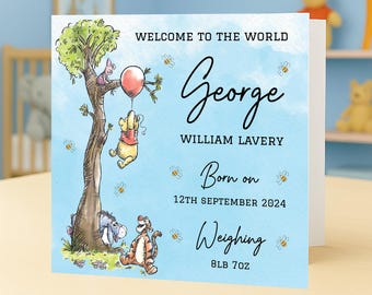 Personalised Winnie the Pooh Baby Boy Card – Welcome To The World Keepsake