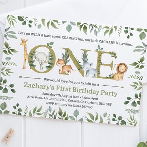 Personalised Jungle 1st Birthday Invitations Custom Safari First Birthday Invites Jungle Animals Birthday Party Invitations Botanical Leaf