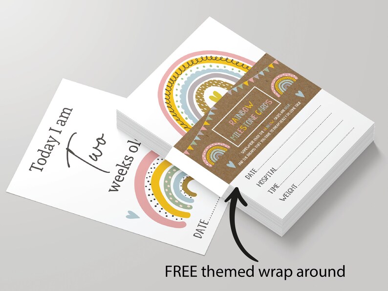 May include: A stack of rainbow milestone cards with a brown paper wrap around. The cards feature a rainbow design with yellow, pink, blue, and green colours. The wrap around has the text "Rainbow Milestone Cards" and a smaller rainbow design.