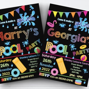 May include: Two colourful pool party invitations with a chalkboard background. The invitations are for Harry's and Georgia's pool parties. The invitations include the date, time, and location of the parties. RSVP information is also included.