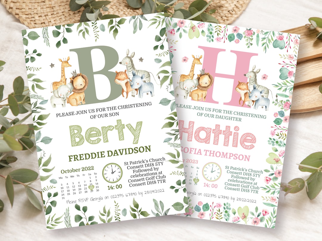 Jungle Animal Christening Invitations, Personalised Safari Baptism