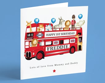 Personalised London Bus Birthday Card Personalised 1st Birthday Card Jungle Animals Birthday Card Personalised 2nd Birthday Safari Card GG35