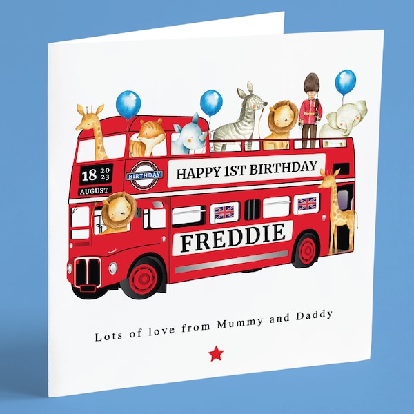 Personalised London Bus Birthday Card Personalised 1st Birthday Card Jungle Animals Birthday Card Personalised 2nd Birthday Safari Card GG35