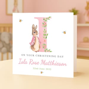 Personalised Pink Peter Rabbit Christening Card — Floral Flopsy Bunny Keepsake Gift | GG32