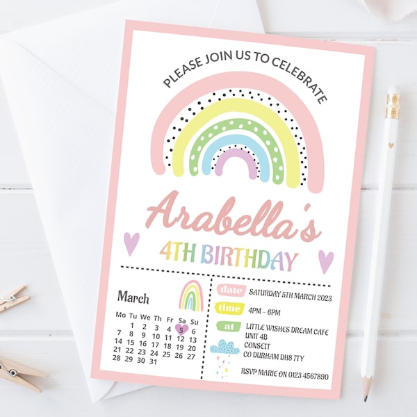 Personalised Rainbow Birthday Party Invitations Pastel Rainbow Birthday Invites Personalised Girl Invitations Custom Rainbow Party Theme