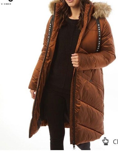 Saint and Sinner Longline Full Zip Puffer Jacket with Faux Fur Hood Trim.
