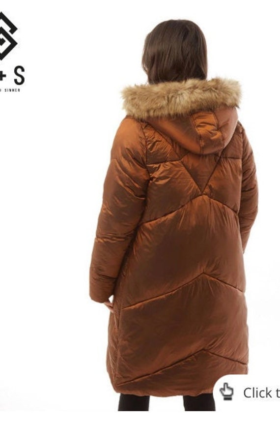 Saint and Sinner Longline Full Zip Puffer Jacket with Faux Fur Hood Trim.