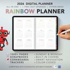 Rainbow Digital Planner 2026-2027 | Hyperlinked GoodNotes Notability iPad Planner | Color Coded Aesthetic Planner with Trackers